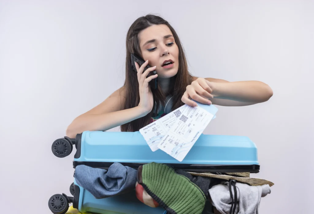 Šta da radite ako je vaš let otkazan? Prava, refundacija i kompenzacija 1 young caucasian traveler girl talking phone holding tickets with suitcase isolated white background min