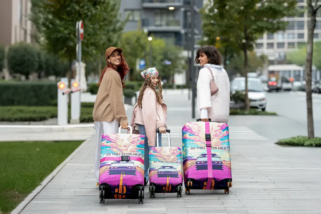 Početna 12 dve devojke i devojcica vuku sa sobom 3 putna kofera koji imaju zastitne navlake i zastitni kais iz obucikofer