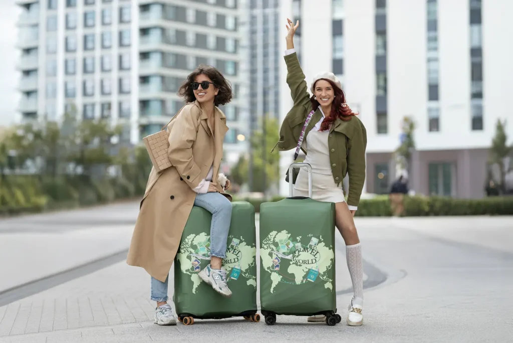 Početna 10 dve devojke nasmejane pored dva kofera koji imaju zastitnu navlaku iz obucikofer